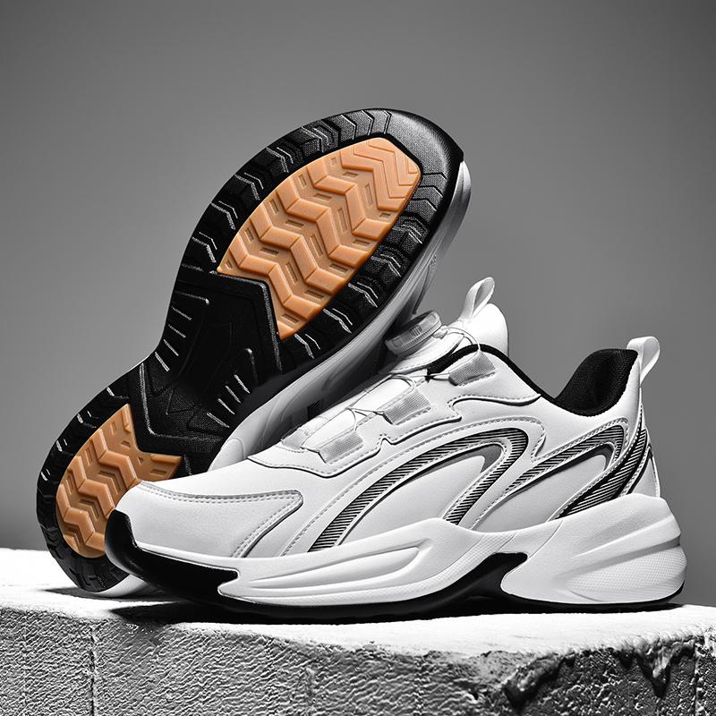 Waterproof Leather Sports Shoes for Men with Rotating Buttons, No Need to Tie Laces, Non-Slip, Large Size Youth Running Shoes