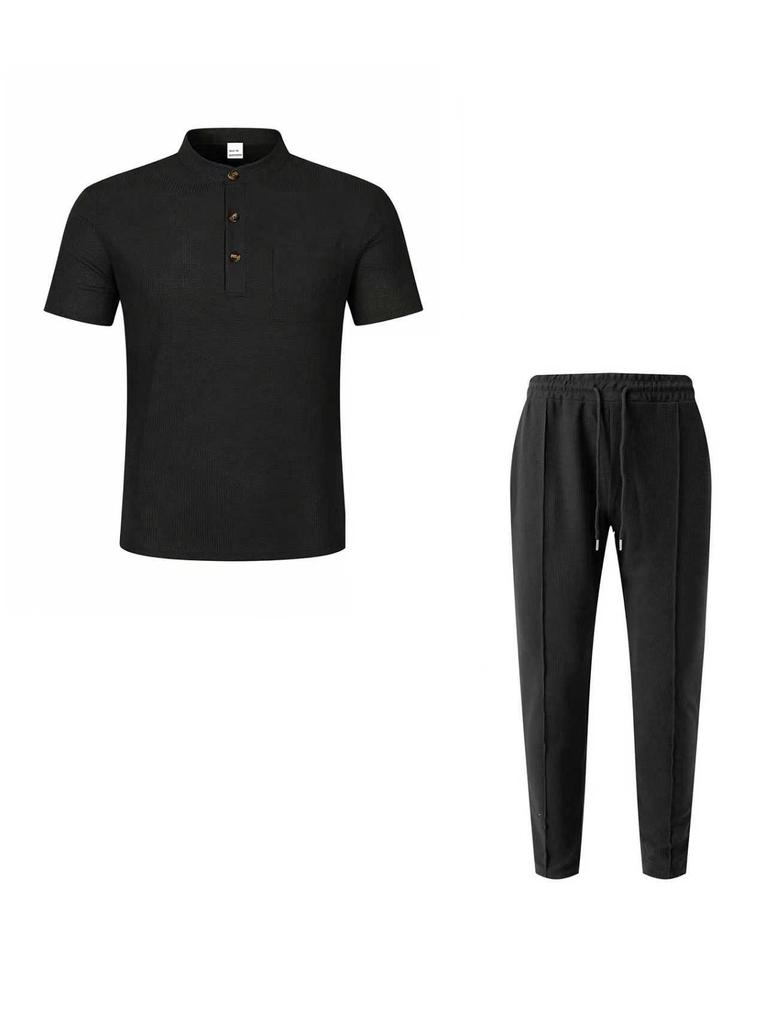 2026 Men's European & American Summer Henley T-Shirt + Drawstring Pants Set
