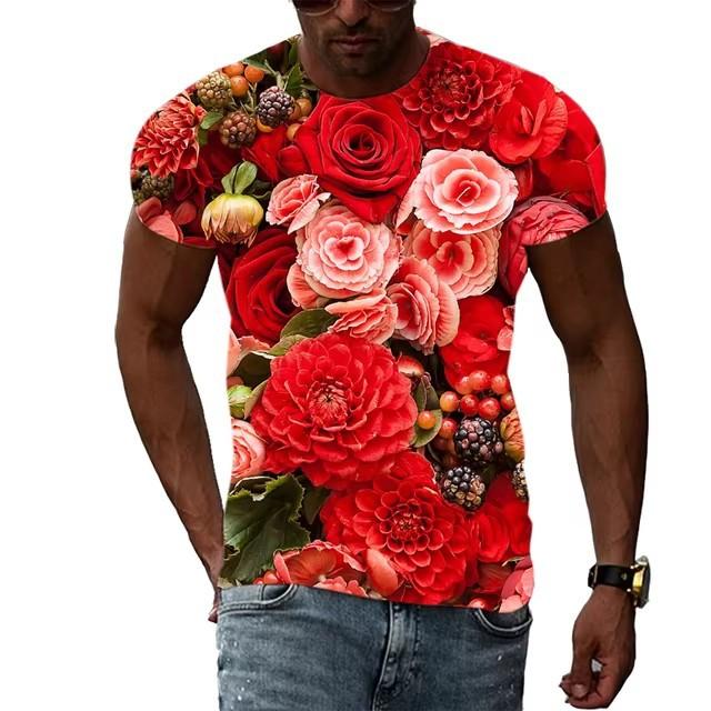 Summer Rose Pattern T-shirt for Men In Large Size Fashionable and Casual Personalized Round Neck Printed T-shirt