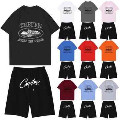 Unisex Jogging Set Summer Casual Printed Round Neck Short Sleeve T-Shirt + Shorts Set Sports Suit