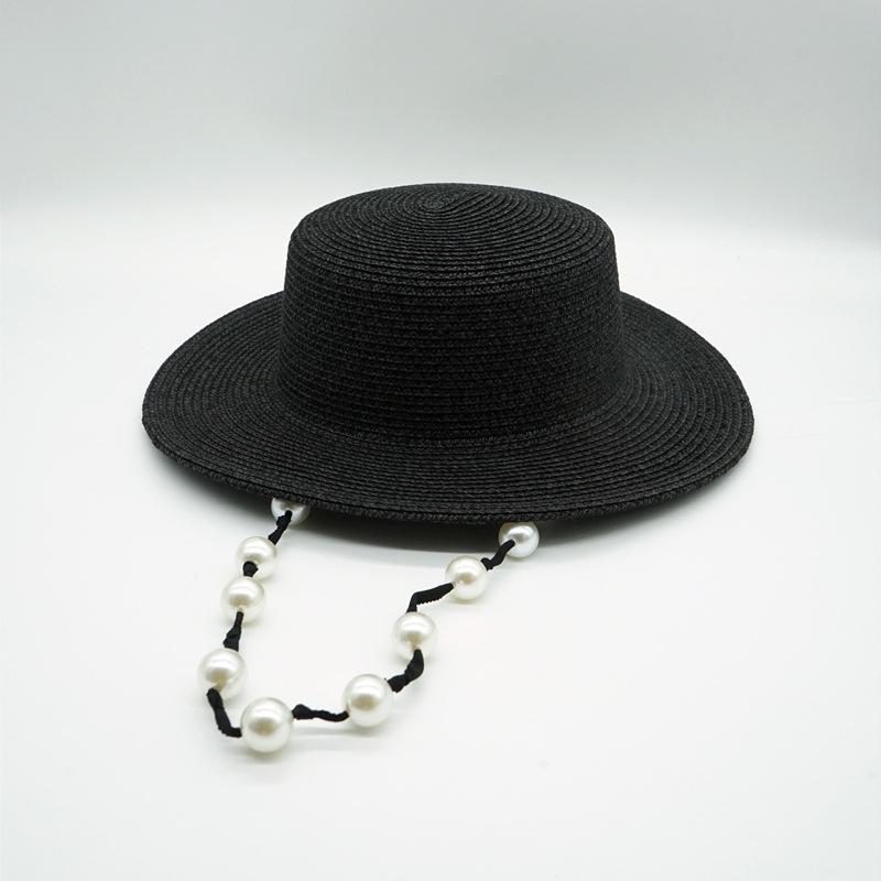 French Retro Internet Celebrity Pearl Chain Black Wide Brim Flat Top Top Top Hat Women'S Summer Sun Protection Shade Vacation Beach Straw Hat