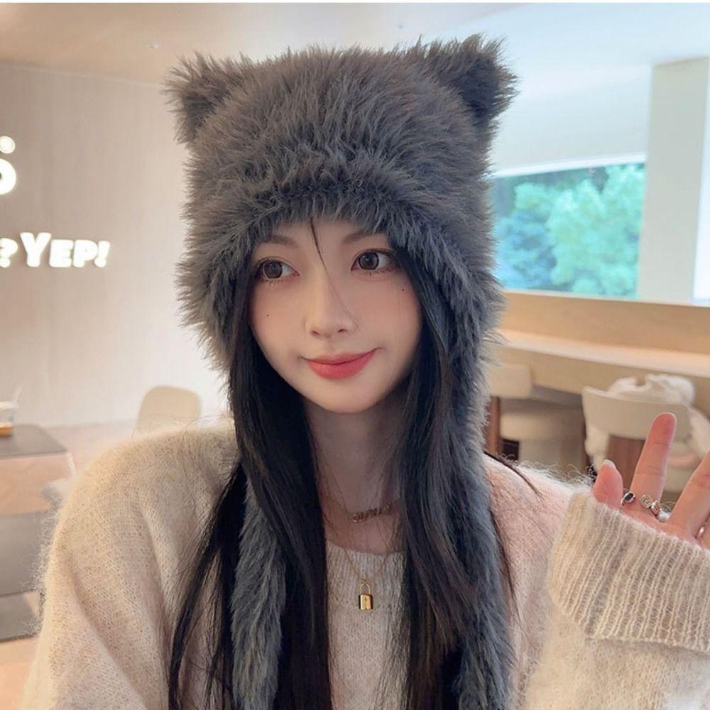 Solid Color Beanies Cap Windproof Women Earmuffs Cap Cute Winter Bear Ears Hat