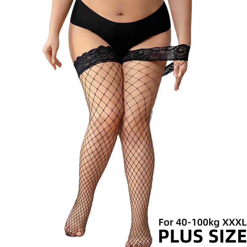 Plus Size Women's Lace Top Mesh Thigh High Sheer Stockings Anti Skid Silicone Fishnet Long Socks Over Knee Stocking Sexy Pantyhose