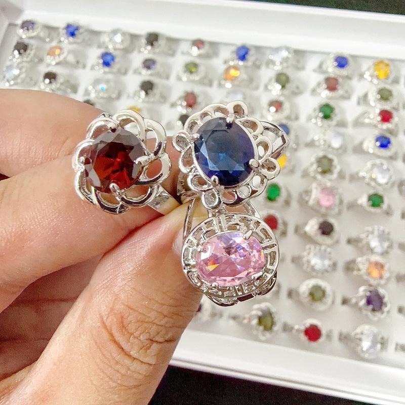 Colorful crystal glass ring women's alloy finger ring vintage hollowed out ring