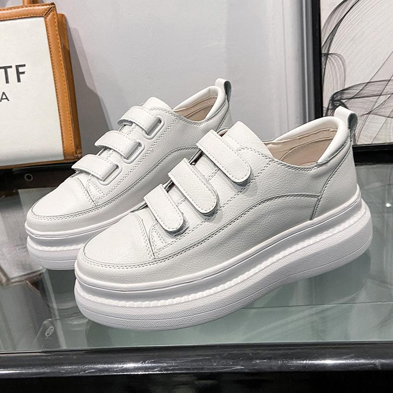 

Маленькие белые туфли из натуральной кожи, женские весенние новые туфли с толстой подошвой, модные универсальные туфли на липучке в Корейском стиле, туфли на платформе