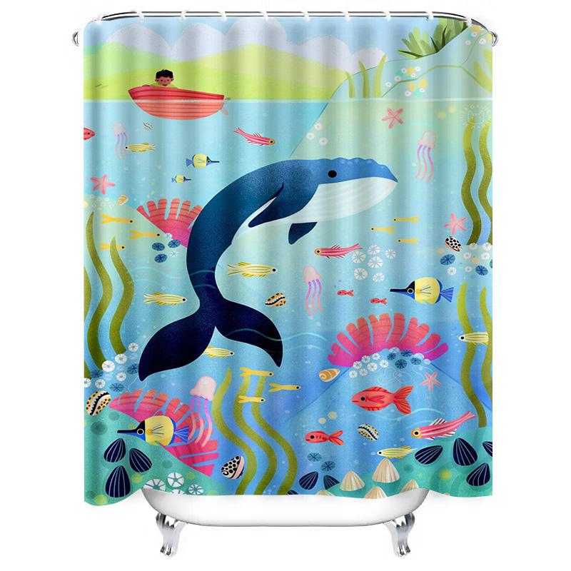 Animal Kingdom Bath Shower Curtain Set Blue Whale Fish Ocean Life Decor for Bathroom 72 Long Polyester Fabric with Plastic Hooks