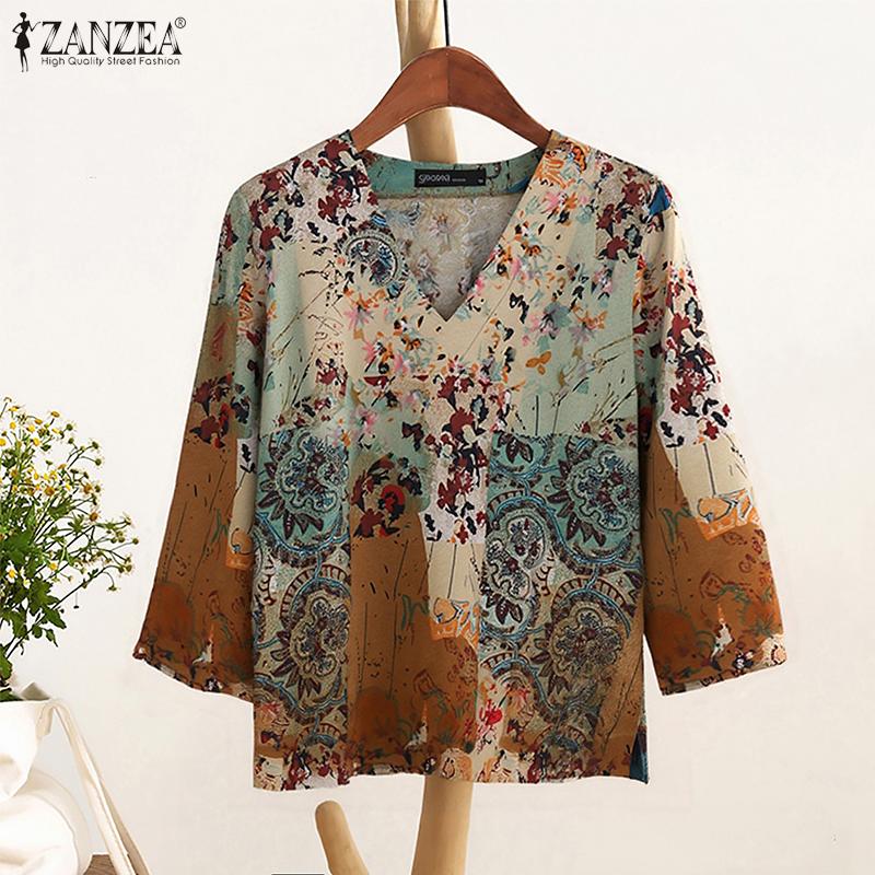 ZANZEA Blusa Casual de Mujer con Cuello en V Suelta Manga 3/4 Estampada