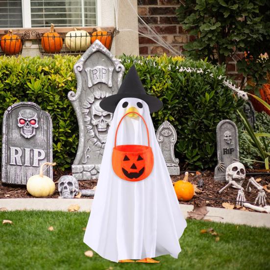 Ghost Goose Outfit Halloween Porch Goose Clothes with Witch Hat And Pumpkin Bucket for 23" Goose Statue Outdoor Patio Yard Lawn Decoration