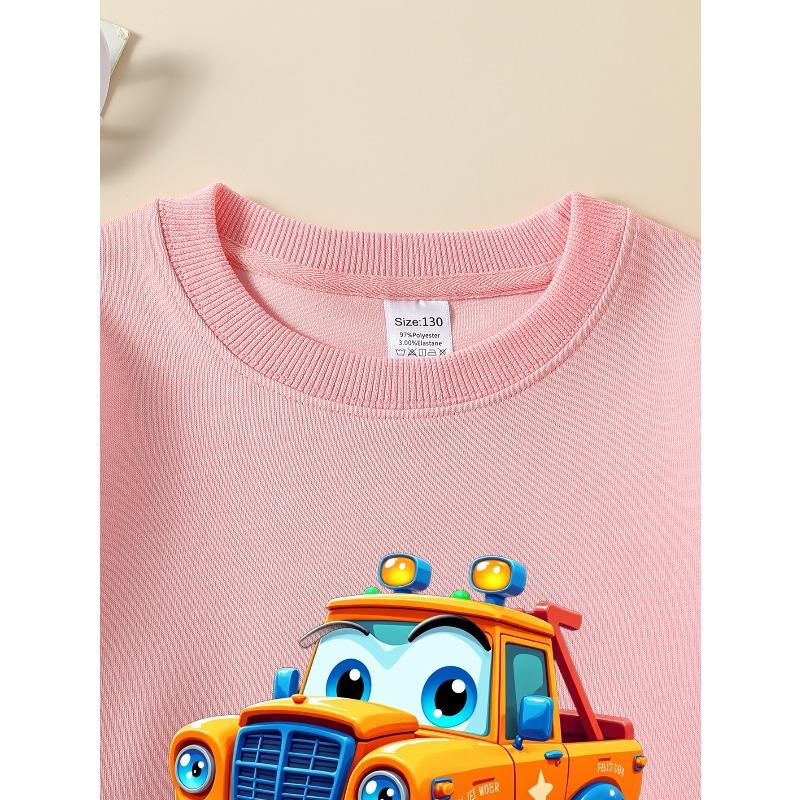 European Sizes Cartoon Monster Truck Orange Blue Eyes Girls' Crew Neck Fashion Sweatshirt, Autumn Winter Western Top, Long Sleeved Casual.