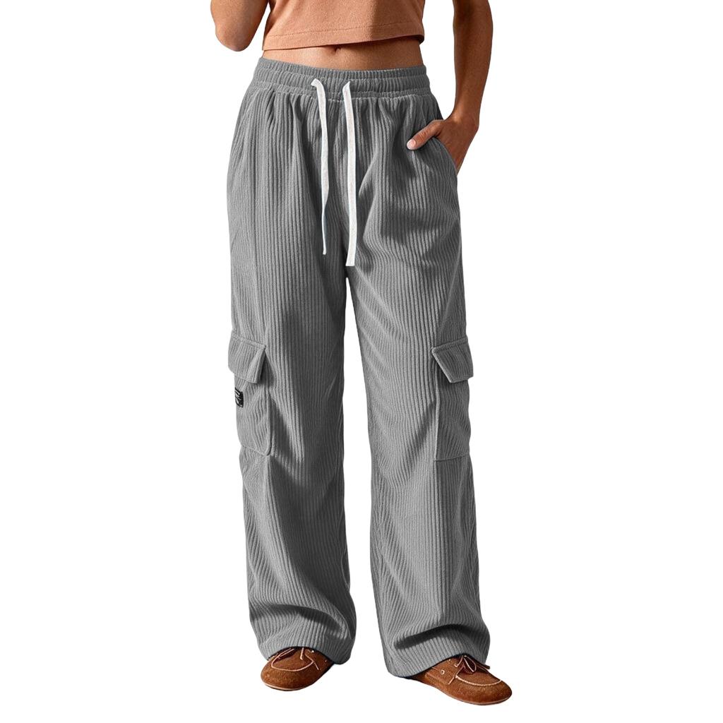Damen Cord-Cargo-Hose im Retro-Stil, vertikal gestreift, lockere Passform, Wide Leg, lässige Hose