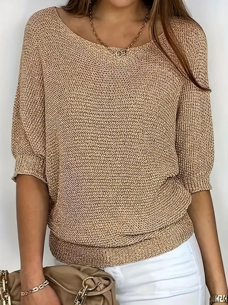 Cross-border summer round neck solid color casual loose shoulder sleeves versatile large size women's pullover sweater