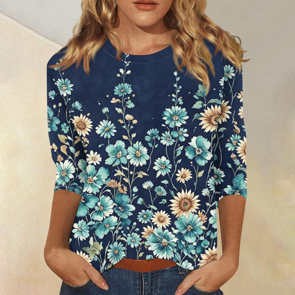 Women's Casual Floral Print Round Neck Three Quarter Sleeve Top Lightweight Comfortable Fit Suitable for Everyday Wear