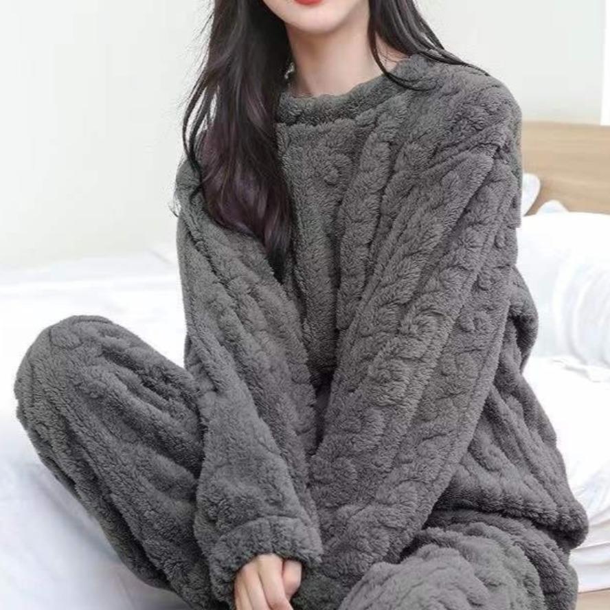 Autumn Women Solid Color Warm 2 Piece Sets Insulated Velvet Ribbed Fleece Pullover and Pants Set Female Casual Pajama Sets