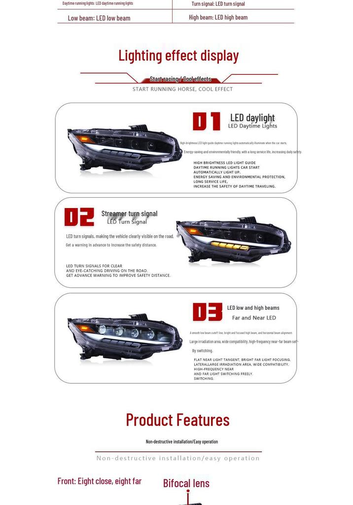 16-21 Civic Tenth Gen RS Style LED Projector Headlight with DRL & Sequential Turn Signals