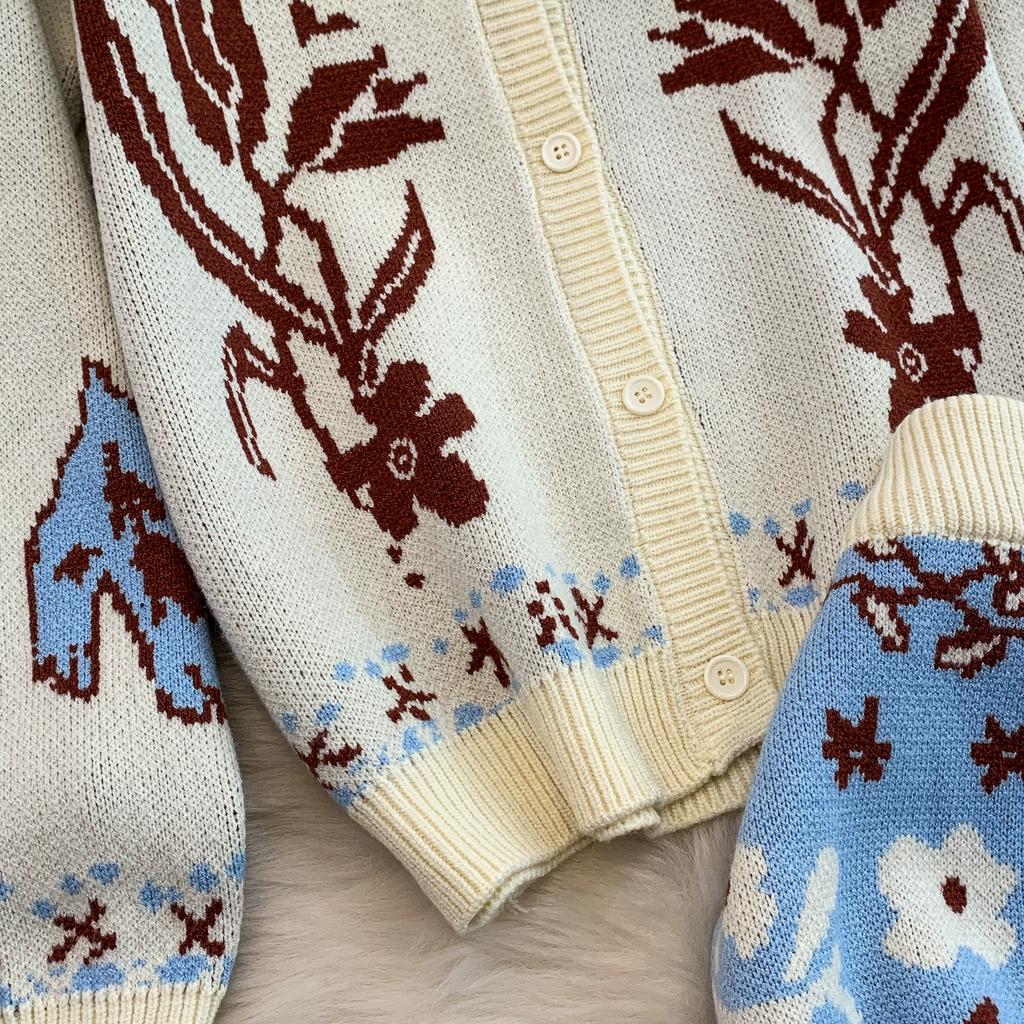 Autumn Winter Women Vintage Tulip Jacquard Knitted Sweater Two Piece Set Single Breasted Cardigans and Mini Pleated Skirt Outfits