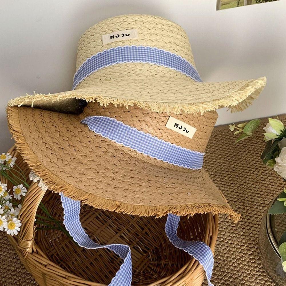 Letter Straw Weave Sun Hat Stripe Bowknot Beach Sun Cap Summer Sunscreen Bucket Hat  Summer