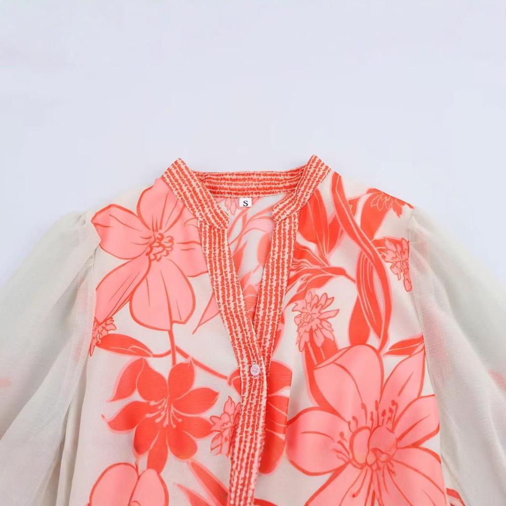 Spring 2025 Women's European & American Style V-Neck Tie Waist Printed Dress