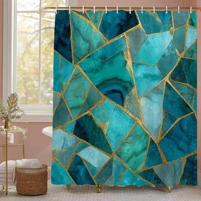 Modern Creative Geometric Pattern Blue Shower Curtain, Bathroom Decorative Shower Curtain, Waterproof Shower Curtain with Hooks