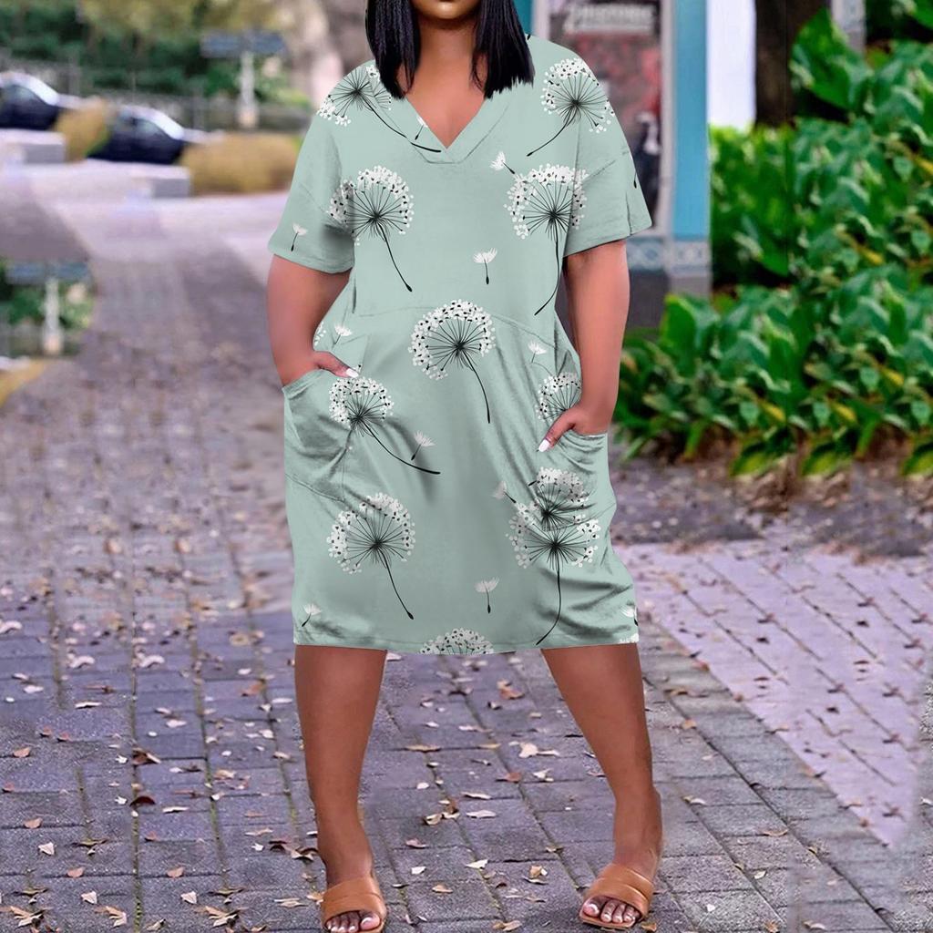 Summer Plus Size V Neck Short Sleeve Knee Pocket Print Casual Dress For Women