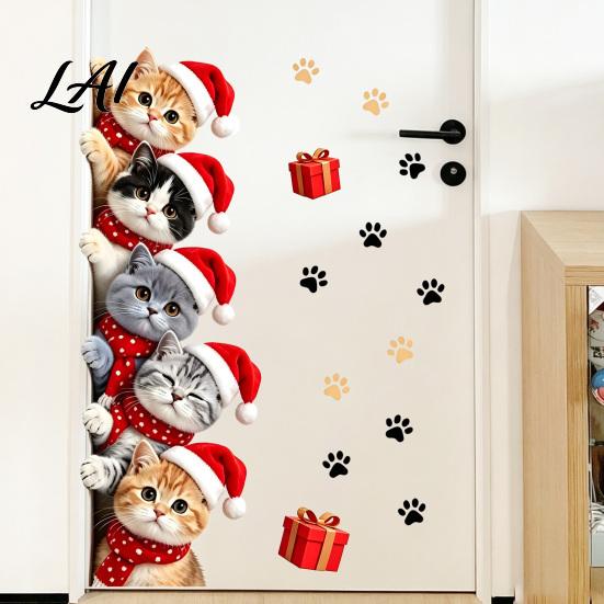 Cartoon Kitty Window Graphics Christmas Cat Door Sticker Cute Santa Hat Kittens Wall Decal Self Easy Peel And Stick Murals Adhesive Waterproof