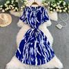 French Retro Printed V-neck Short-sleeved Dress with Straps, Waist and Thin A-word Chiffon Medium and Long Dress