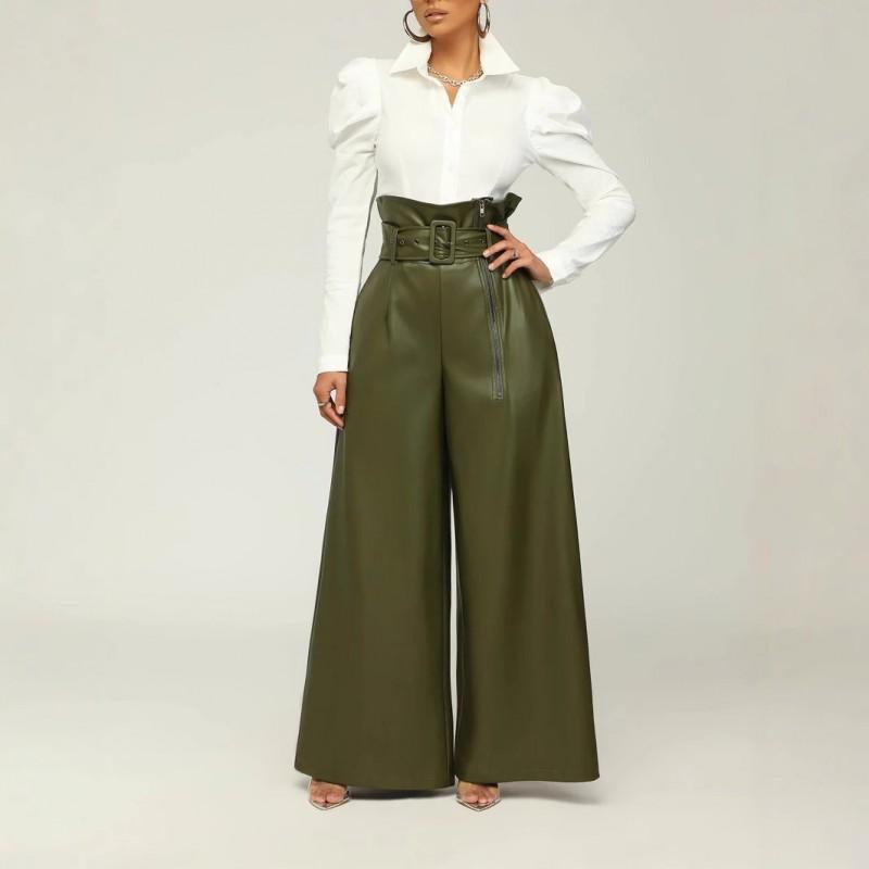 Womens High Waist Wide Leg PU Leather Pants INS Style Night Out Zip Detail Micro Stretch