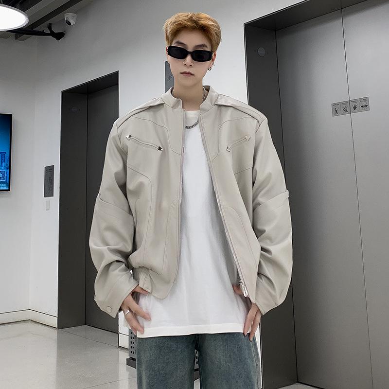 Men's High-End Short Leather Motorcycle Jacket - Trendy Spring/Autumn Street Style with Stand-up Collar