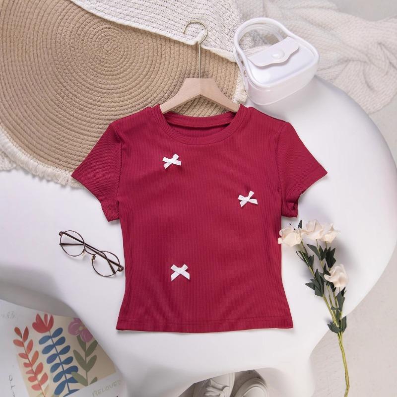 

Женская футболка с круглым вырезом и короткими рукавами, украшенная бантом XL кирпич красный