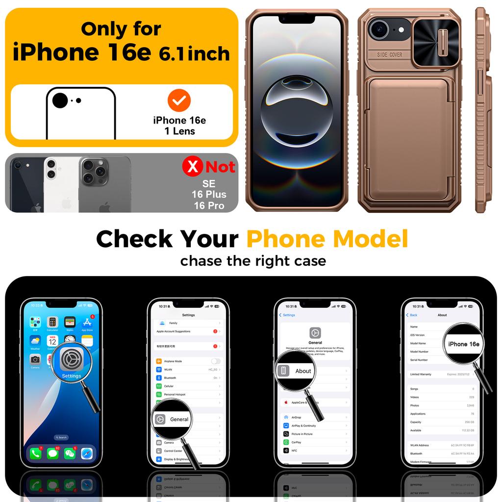 RFID Blocking Wallet Case with Card Holder Sliding Camera Cover PC+TPU Protective Case for IPhone 16e/iPhone 17e-Gold