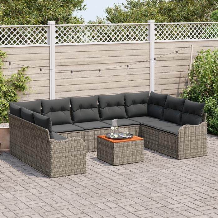 VidaXL Ensemble de canapé de jardin 10 pièces avec coussins en gris, poly rotin, acacia 3356165