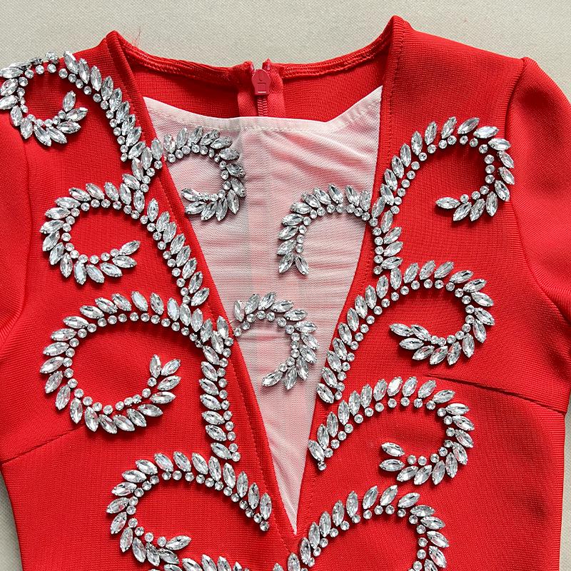 Black Red Rhinestone Long Sleeve Bandage Evening Dress