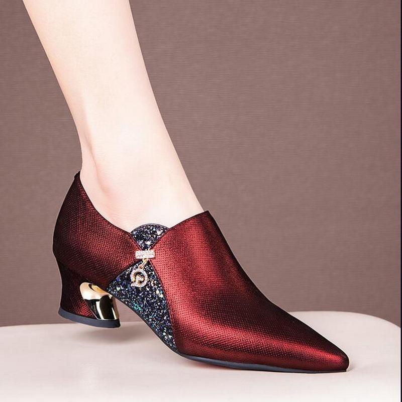 Mode FHC Neue Damen Hohe Absätze,Schafsleder HochzeitsSchuhe,Mode Blockabsatz,Spitze Zehenpartie,Britischer Stil,BLAU,ROT,Dropshipping