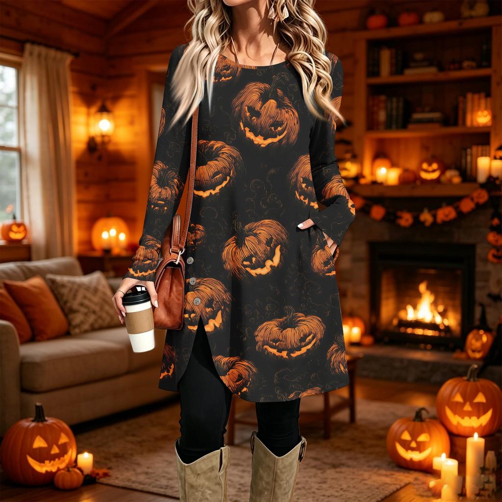 Women's Casual Printed Long Sleeve Neck Dress for Daily Wear