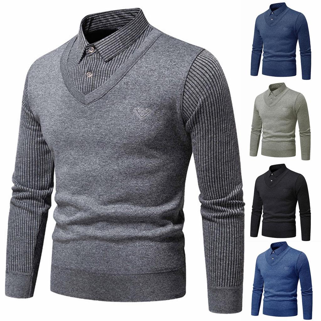 Men's Solid-color Casual Faux Two-piece Striped Pullover Knitted Sweater, Men's Square-neck Long-sleeved Knitted Warm Sweater