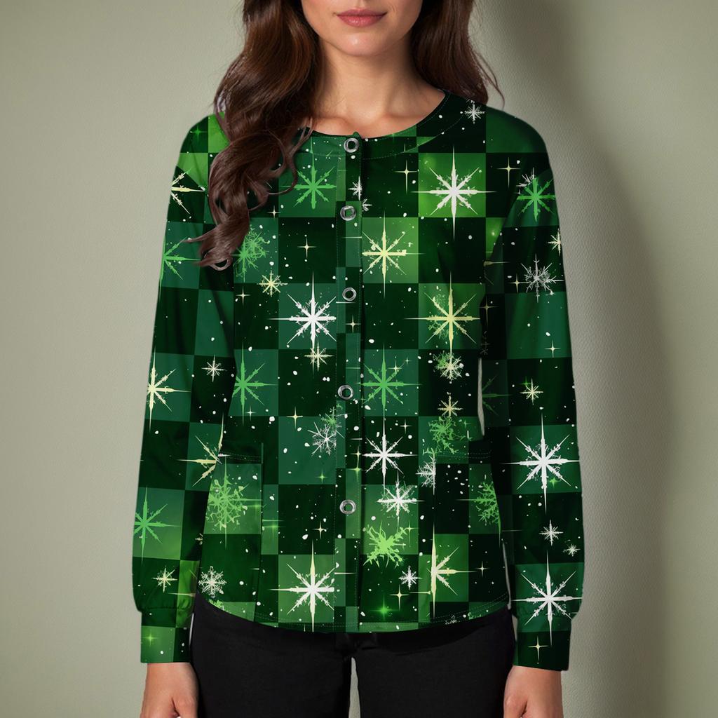 Women's Casual Long-sleeved Single-breasted Christmas Printed Protective Clothing Cardigan Top