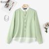ZANZEA Women Casual Round Neck Long Sleeve Lace Splice Stripe Blouse