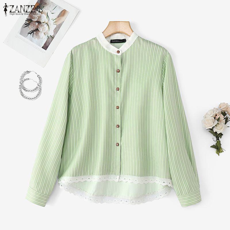 ZANZEA Women Casual Round Neck Long Sleeve Lace Splice Stripe Blouse