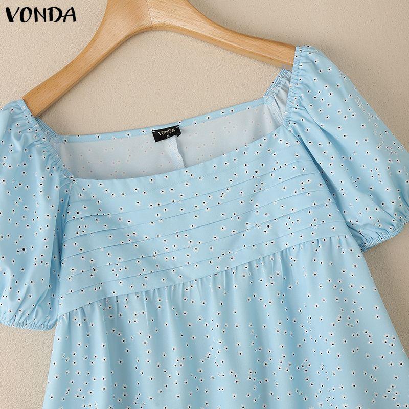 VONDA Summer Women Casual Square Collar Short Sleeve Polka Dots Blouse