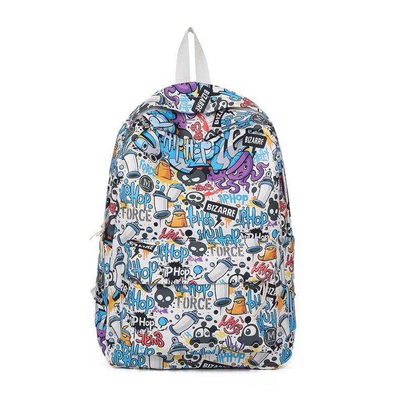 Schoolbag Backpack Men's 1 Trend Graffiti ins Large Capacity Fashion Printing Student Women's Backpack Waterproof and Wear-resistant White Ditch