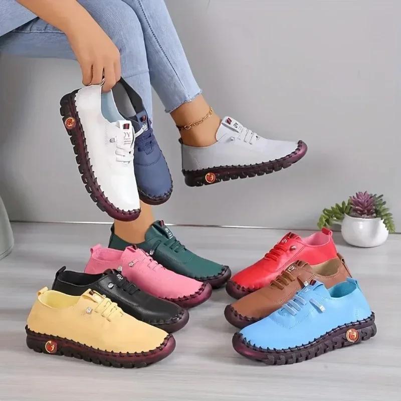 New Women's Handmade Flat Sneakers Comfortable Slip On Lace Up Round Toe Shoes Hand Sewing Thread Mom Shoes Zapatillas De Mujer