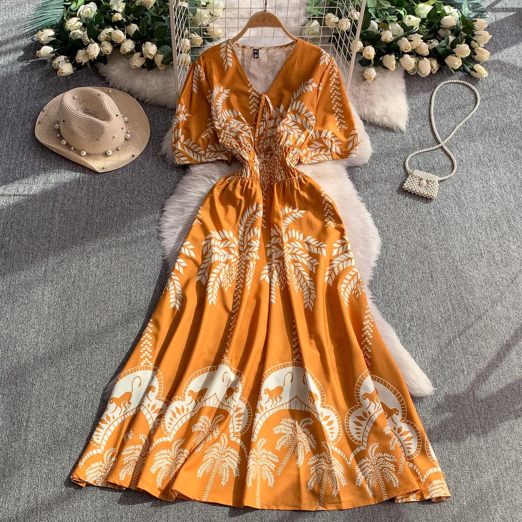 Summer Women Printed Dress V-neck Lace-up Short Sleeved Pleated A-line American Casual Fashion Elegant Female Dresses