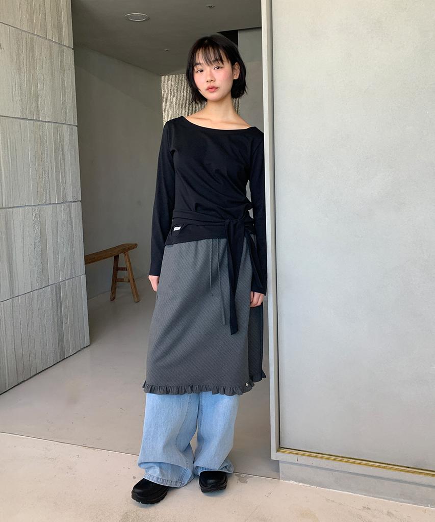 Ronron Stripe Frill Star Charm Midi Skirt Gray