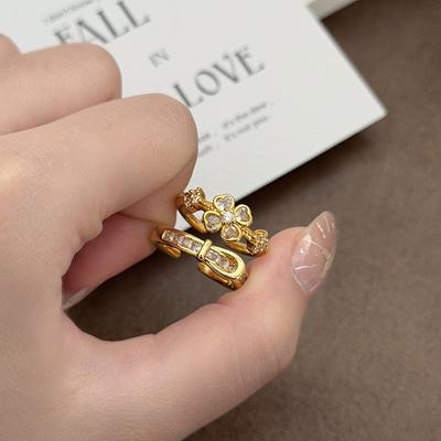 Medieval Vintage Light Luxury Golden Four-Leaf Clover Belt Buckle Full Diamond Opening Ring Stacked Wearing Niche High Sense
