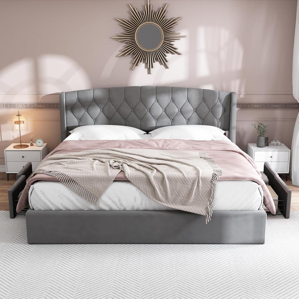 Upholstered Bed 4 Drawers Double Bed Slatted Frame Storage Bed Headboard Velvet Surface 180x200 Cm Grey