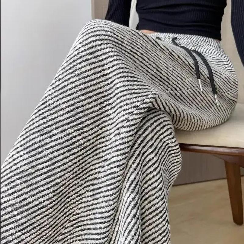 Dámské kalhoty s vysokým pasem a zvonovými nohavicemi, rovné nohavice, ležérní kalhoty, šedý pruhovaný tvíd, jarní móda