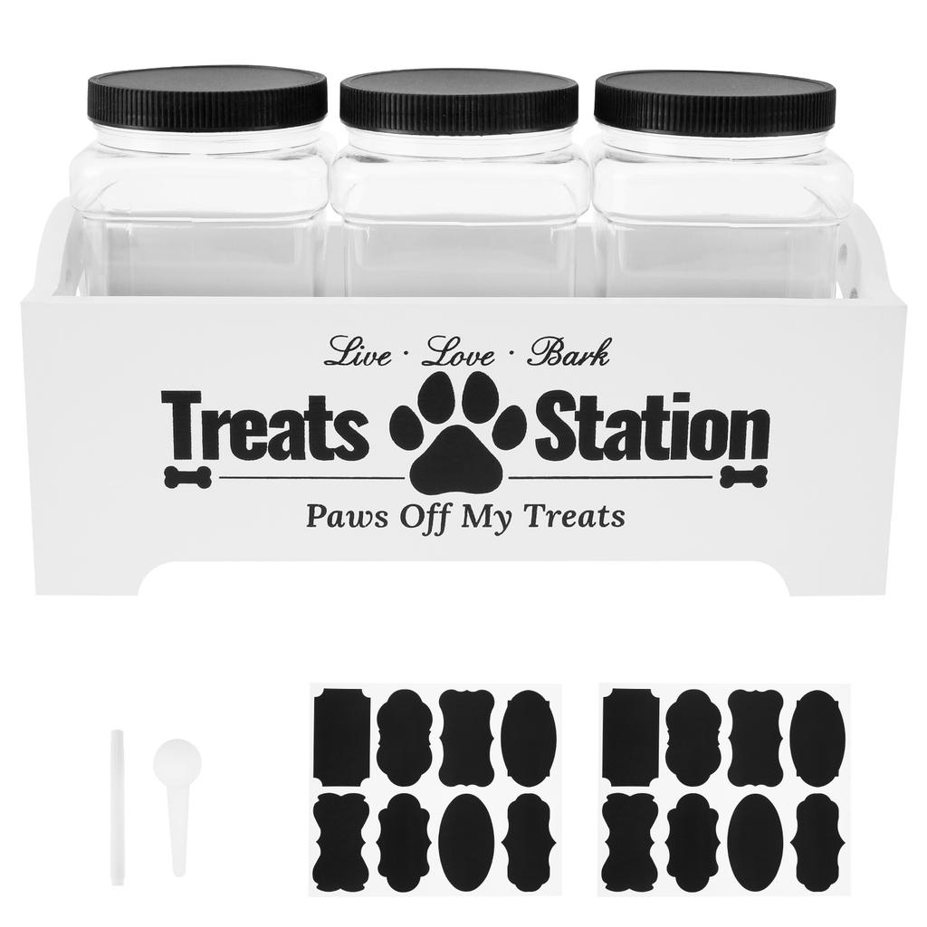 Wood Dog Food Container with 3 Plastic Treat Jars Cat Food Container with Handles Practical Food Storage Container Decorative