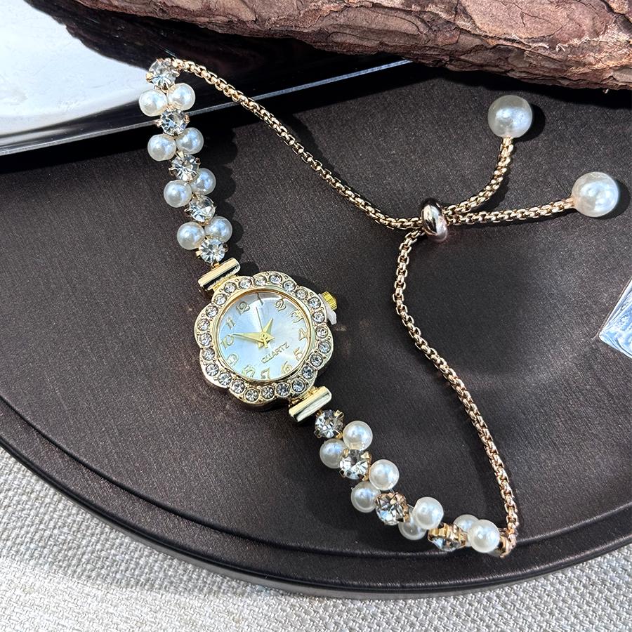 Double-Row Pearl Pull-Open Bracelet Diamond-Encrusted Case Arabic Numeral Scale Ladies Quartz Watch