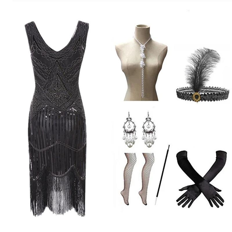 1920er Gatsby Pailletten Fransen Paisley Flapper Kleid Mit 20er Jahre Accessoires Set Vintage Gatsby Kleid Für Damen