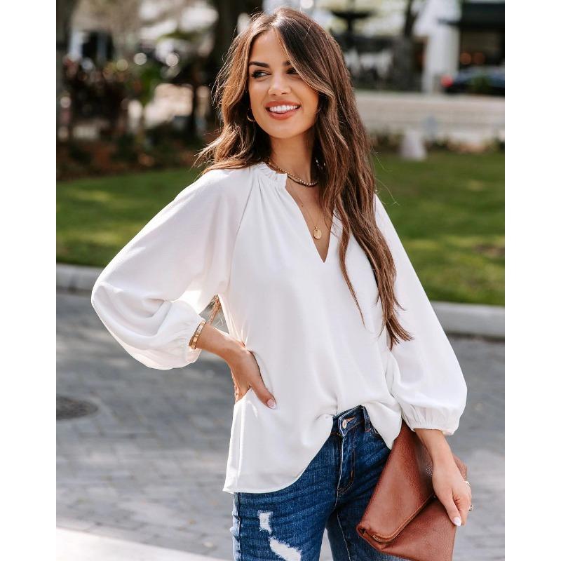 

Жіноча весняно-осіння крута сорочка з довгим рукавом, однотонний повсякденний топ із V-подібним вирізом L білий