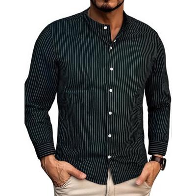 Men's Linen Long-Sleeve Stand Collar Button-Down Stripe Casual Business Shirt